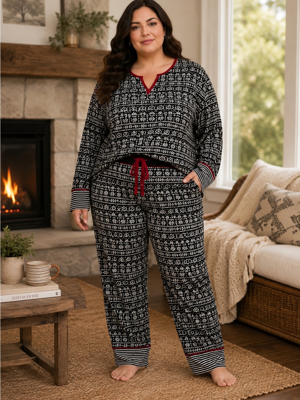 Cozy Plus-Size Fair Isle Pajama Set in Black with Red Trim